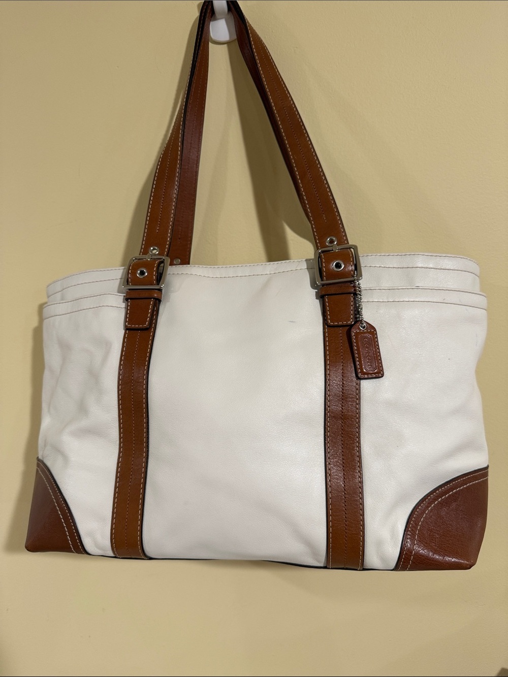 Coach White Leather Tote with Brown Trim and Straps Moms,work, Business Handbag